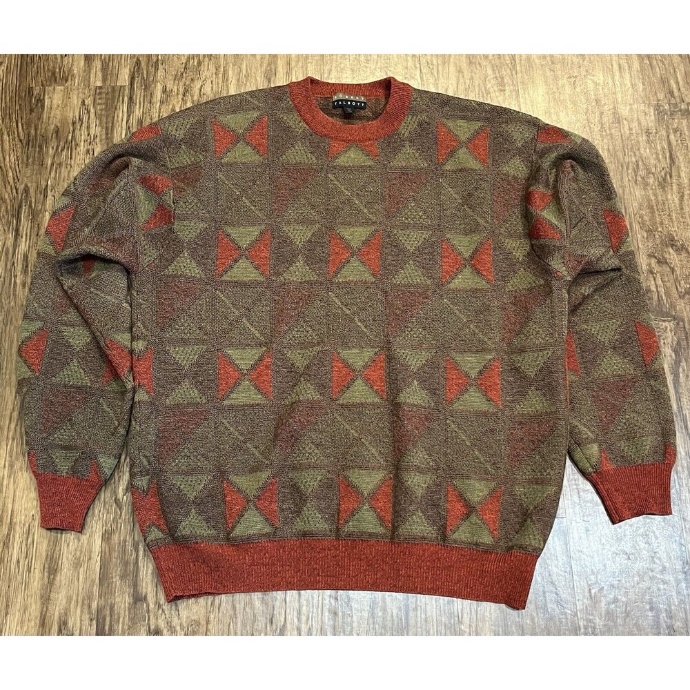 Robert Talbott Men's Sweater XL  Orange Green Merino Wool Argyle Geometric